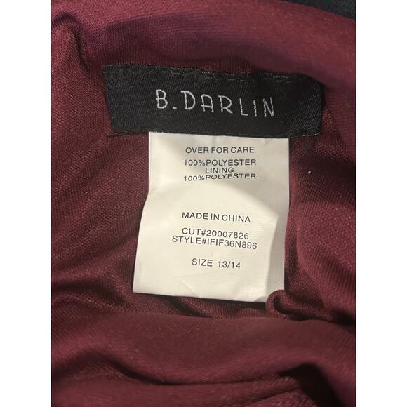 B.Darlin Maroon Velvet Dress-Juniors 13/14- long sleeve open back mini stretchy - Picture 3 of 6